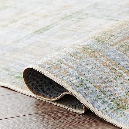 Entryway Abstract Distressed Green Multi Contemporary Carpet Print Chenille Thin Rug