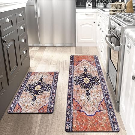2 PCS Floral Cushioned Anti-Fatigue Kitchen Rugs, Kitchen Mats for Kitchen Floor Laundry Office