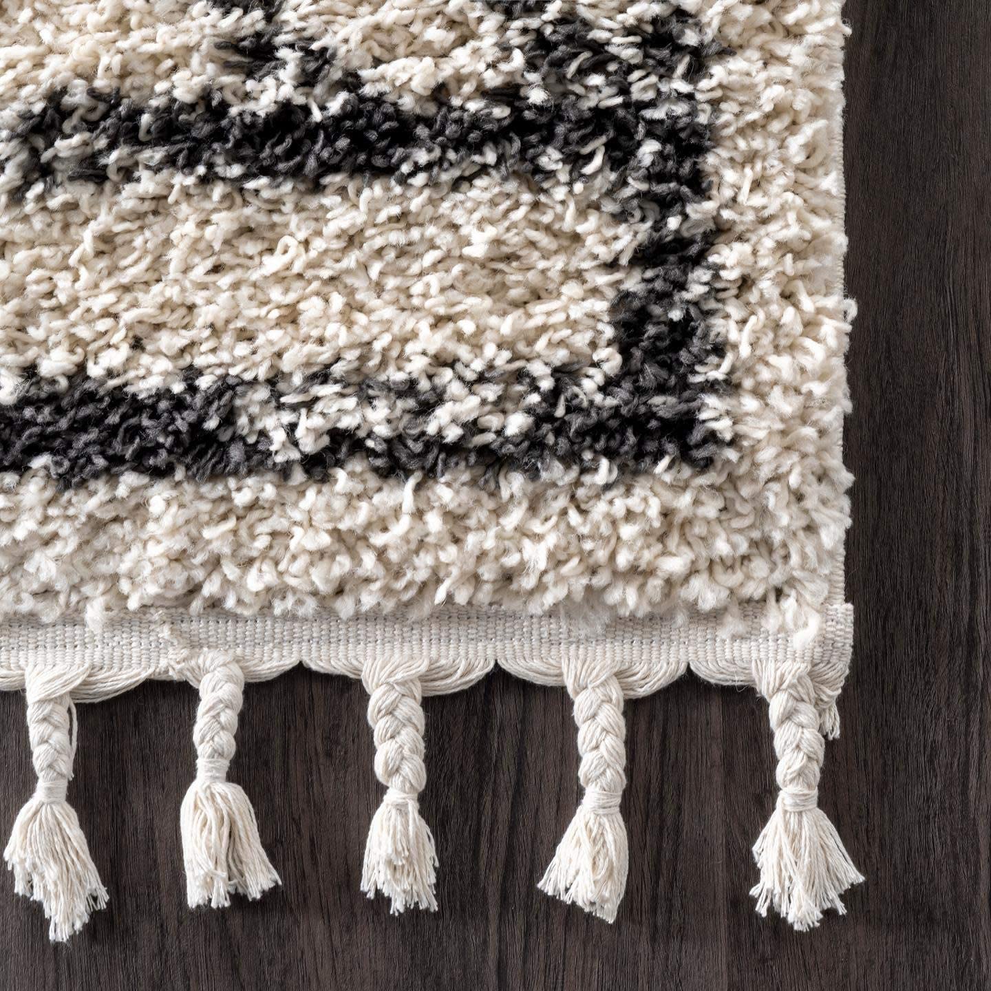 Moroccan Diamond Tassel Off White Shag Plush Area Rug