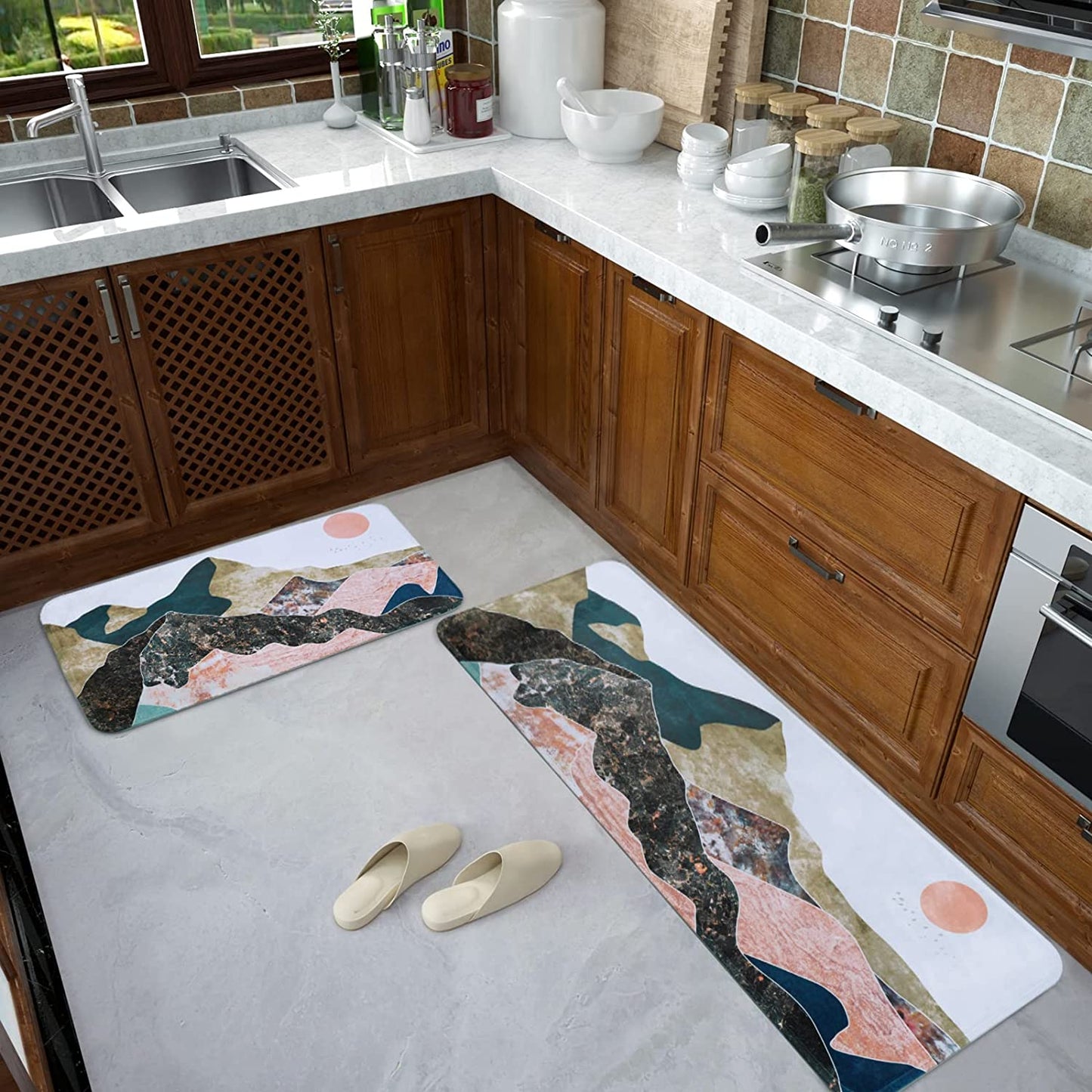 2 PCS Cushioned Floral, Flowers Anti Fatigue Kitchen Rugs - 18'' x 48'' + 18'' x 30''
