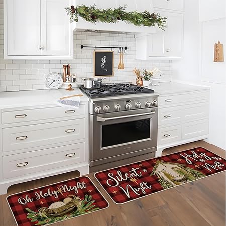 Anti-Slip O Holy Night Red Buffalo Plaid Christmas Kitchen Rugs Set of 2, 17x29 and 17x47 Inch