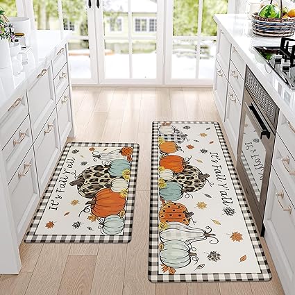 Farmhouse Kitchen Rugs and Mats 2 Piece Non Skid Fall Car Kitchen Floor Mats PVC Cushioned Comfort Standing Mats for Autumn Thanksgiving Decoraion, 17.3"×28"+ 17.3"×47"