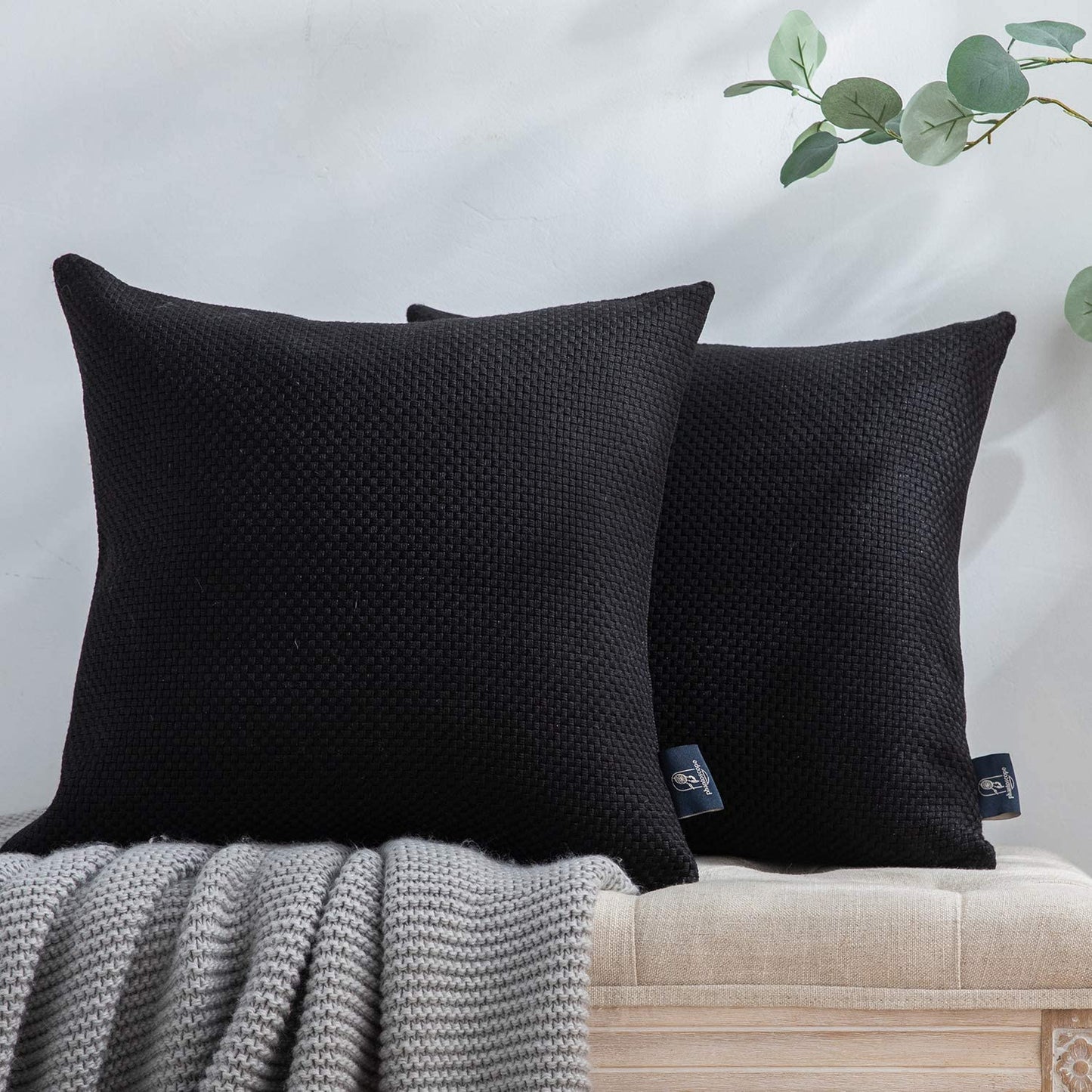Set of 2 Classic Woven Textured Thick Solid Color Checker Plaid Square Throw Pillow Covers Cushion Cover Pillowcase for Couch Bed and Chair, Brown