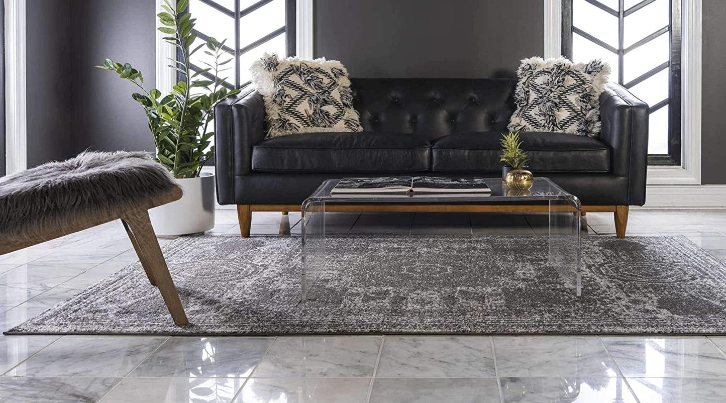 Bromley Collection Vintage Traditional Medallion Border Dark Gray Area Rug