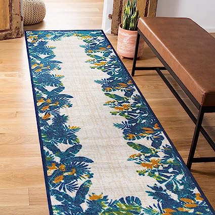 Contemporary Floral Border Non-Shedding Outdoor Rugs - 2' x 7' (Multi)