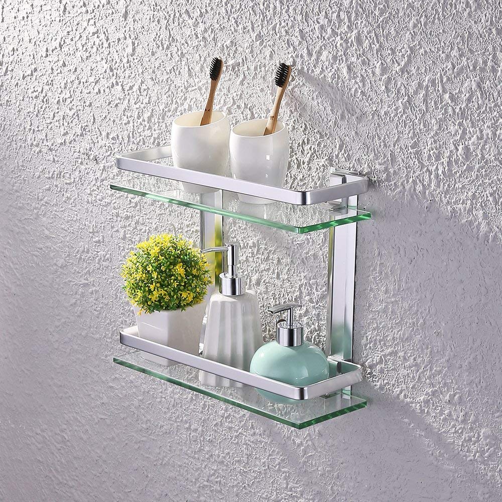 Heavy Duty Rectangular Wall Mounted Corner Shelves Aluminum Tempered Glass Storage 2-Tiers