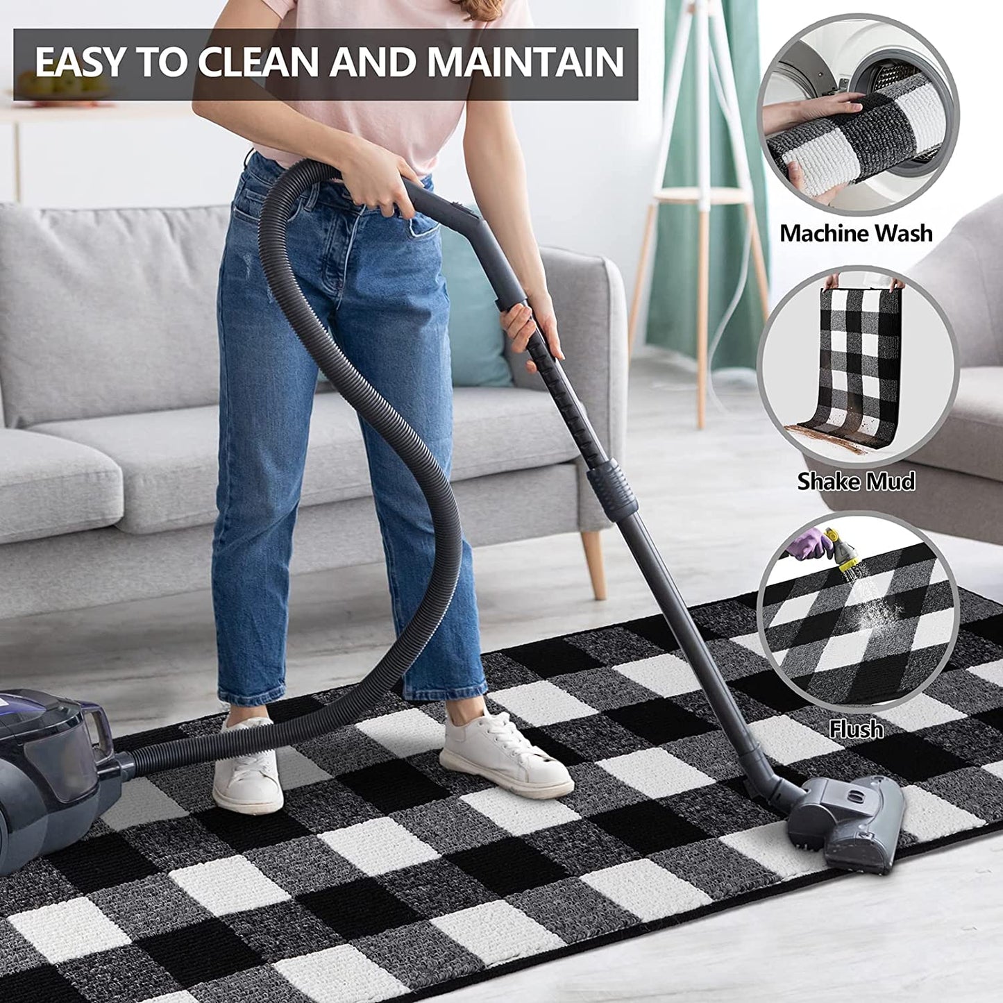 Farmhouse 1.6'x5' Entry Non Slip Rubber Backing Black and White Rug