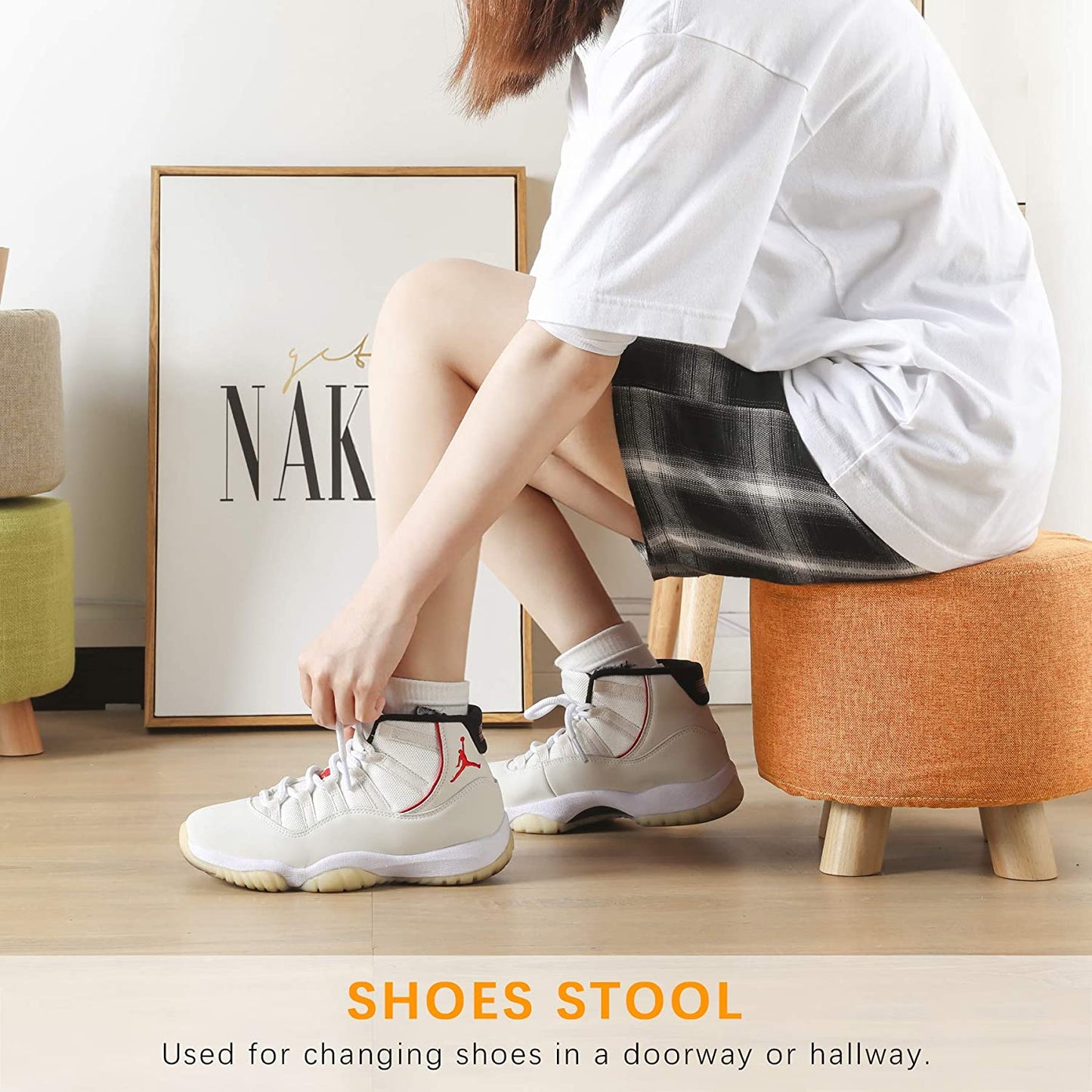 Round Ottoman Foot Rest Stool, Fabric Padded Seat with Non-Skid Wooden Legs and Removable Cover