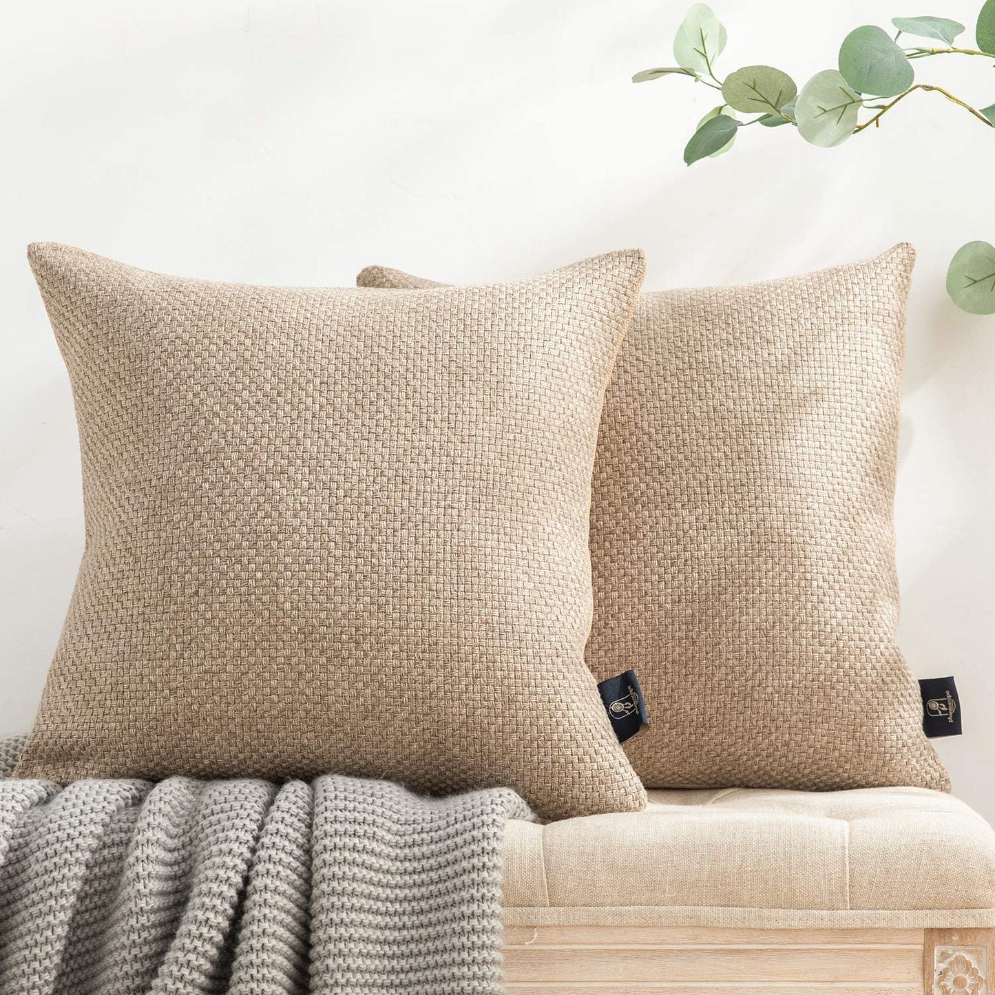 Set of 2 Classic Woven Textured Thick Solid Color Checker Plaid Square Throw Pillow Covers Cushion Cover Pillowcase for Couch Bed and Chair, Brown