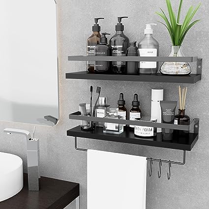 Home Decor Floating Shelves with Towel Bar/Hooks, (Gold-White)