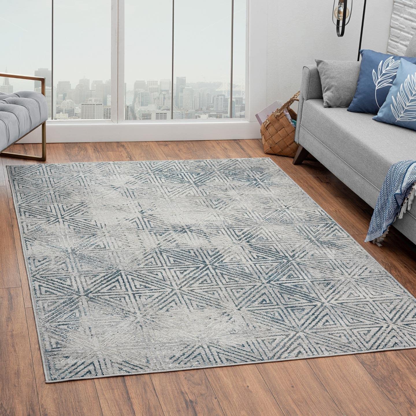Florance Collection Blue Modern Geometric Soft Area Rug