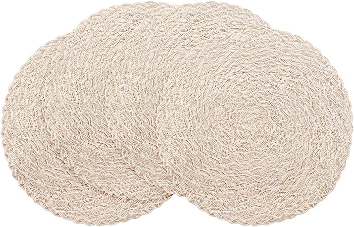 15 Inch Round Braided Placemats Set of 4, Washable Heat Resistant Cotton Polyester Circle Place Mats for Kitchen Dining Table - Canvas Beige