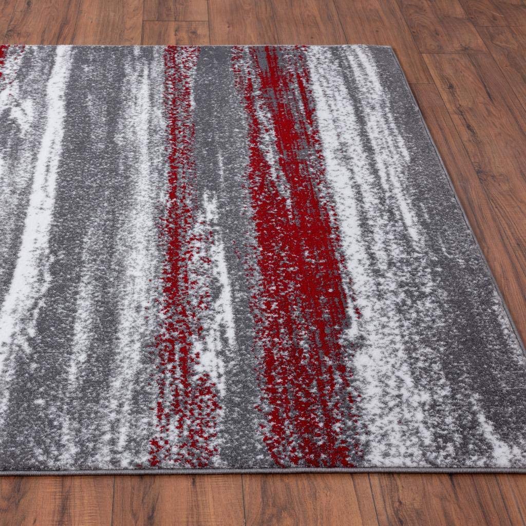 Modern Abstract Soft Ivory Grey Red Area Rug