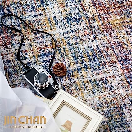 Entryway Abstract Distressed Green Multi Contemporary Carpet Print Chenille Thin Rug