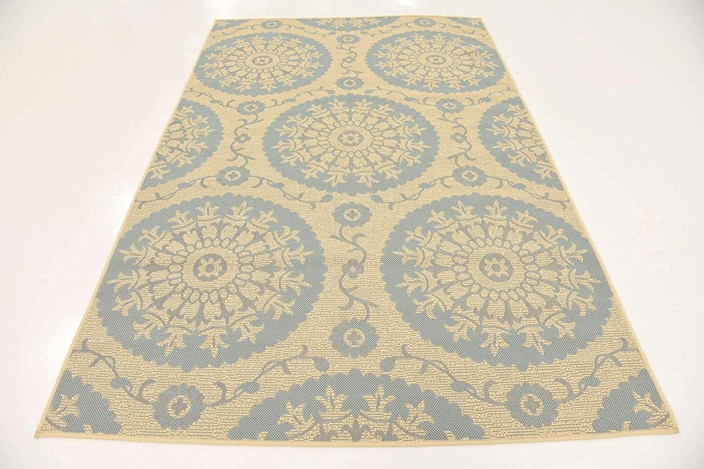 Floral Abstract Transitional Indoor Outdoor Flatweave Light Blue/ Beige Area Rug