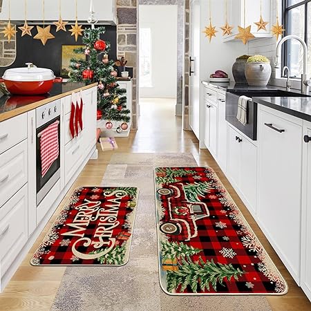 Christmas Farmhouse Truck Red Buffalo Plaid Christmas Kitchen Decor, 17"x27+17"x47"