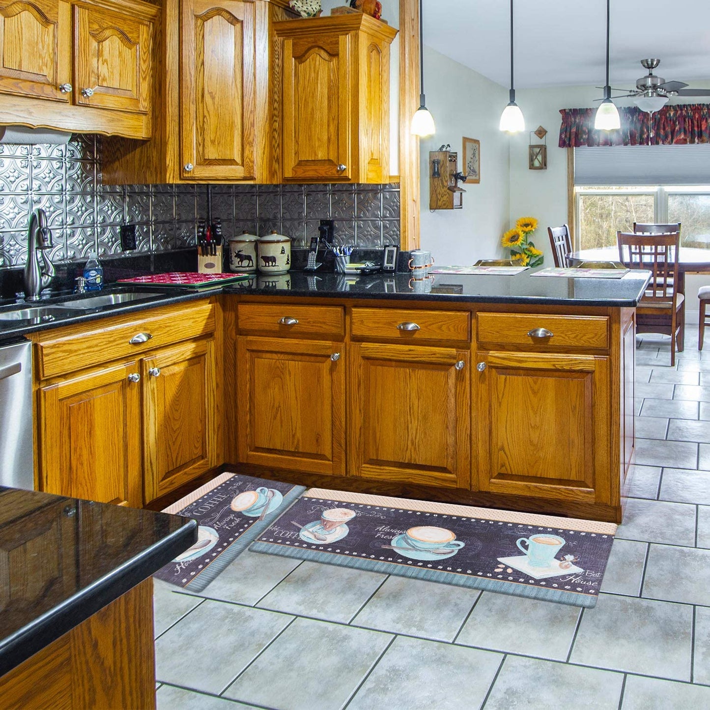 Coffee Theme Kitchen Rug Set 2 Piece Black