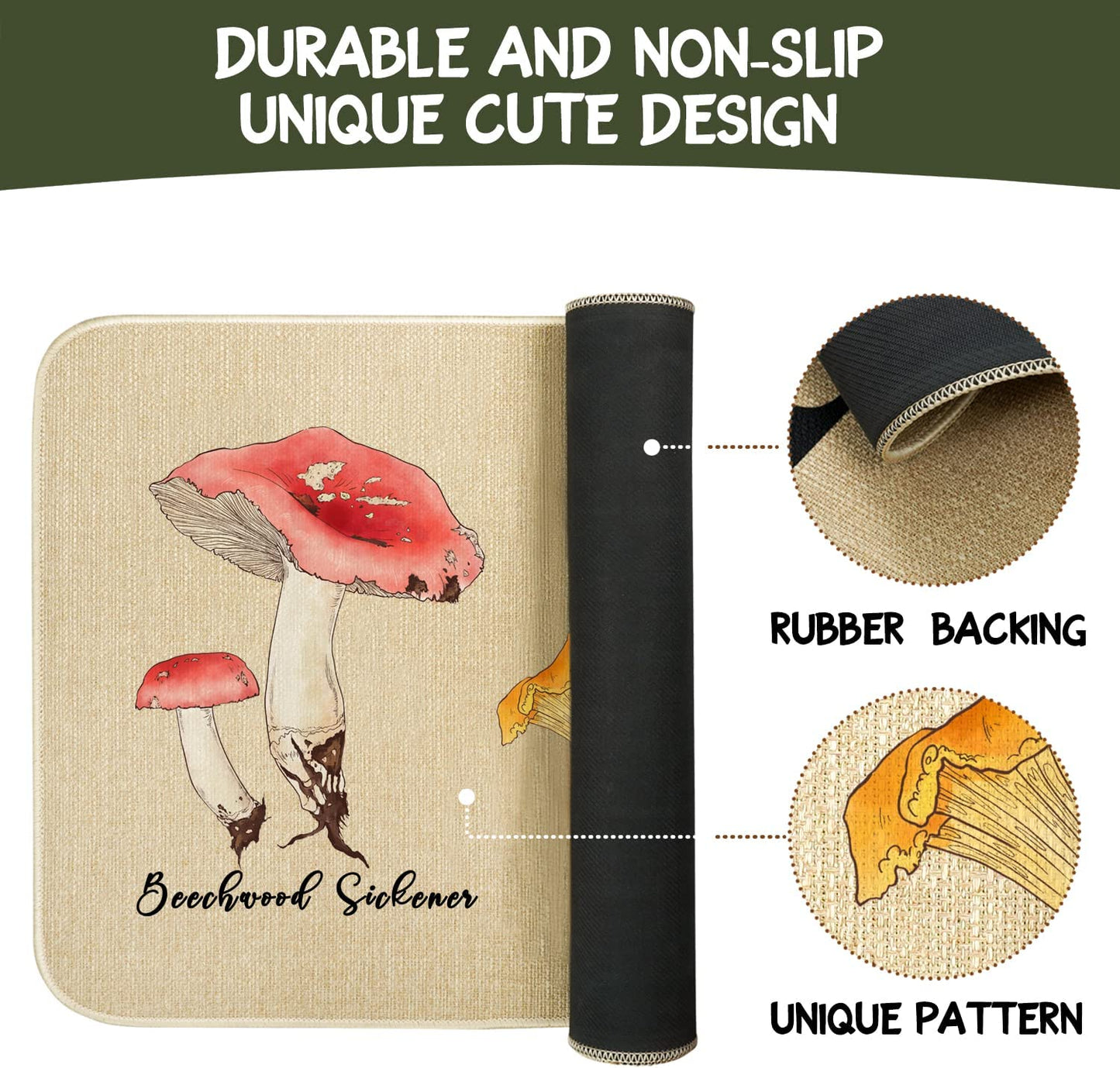 Vintage Mushroom Set of 2, Non Skid Washable Kitchen Mat - (17"x48"+17"x30")