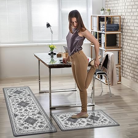 Cushioned Anti-Fatigue Memory Foam Non Skid Waterproof, Blue Retro Floor Comfort Mat, 18'' x 48'' + 18'' x 30''