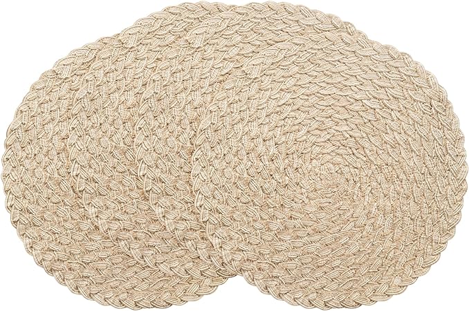 15 Inch Round Braided Placemats Set of 4, Washable Heat Resistant Cotton Polyester Circle Place Mats for Kitchen Dining Table - Canvas Beige