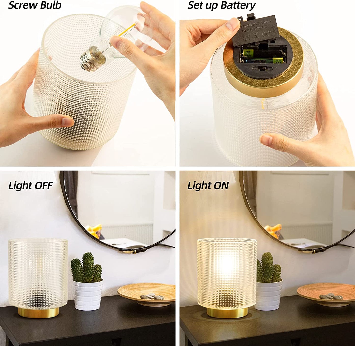 Battery Operated Lamp with Timer, Glass Cordless Lamp
