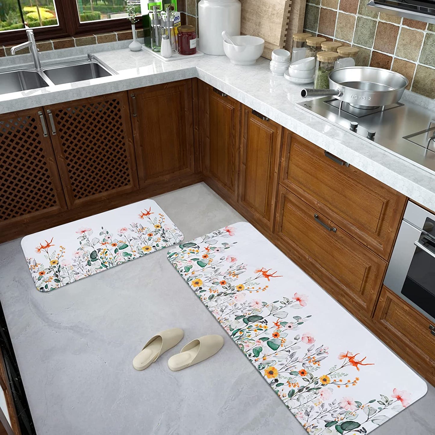 2 PCS Cushioned Floral, Flowers Anti Fatigue Kitchen Rugs - 18'' x 48'' + 18'' x 30''