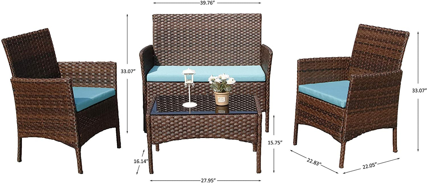 Rattan Patio Indoor/Outdoor Brown/Blue Conversation Set - Chairs / Coffee Table