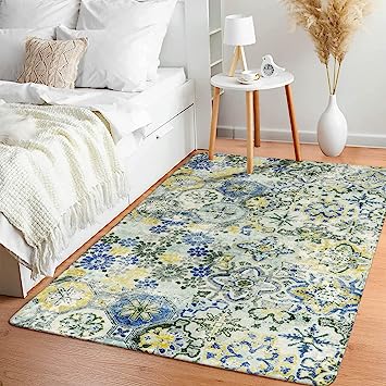Floral Medallion Collection Round Non-Slip Distressed Vintage Area Rug