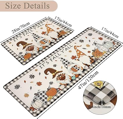 Farmhouse Kitchen Rugs and Mats 2 Piece Non Skid Fall Car Kitchen Floor Mats PVC Cushioned Comfort Standing Mats for Autumn Thanksgiving Decoraion, 17.3"×28"+ 17.3"×47"