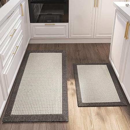 Set of 2 Twill Non Skid Washable Farmhouse Kitchen Floor Mats, 20"x32 + 20"x48