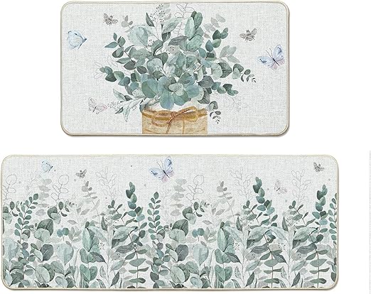 Eucalyptus Vase Butterfly Summer Kitchen Mats Set of 2, 17x29 and 17x47 Inch