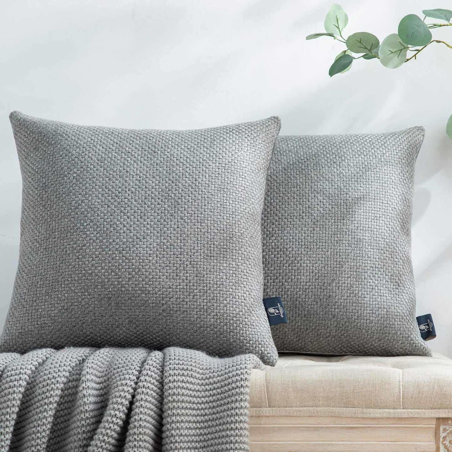 Set of 2 Classic Woven Textured Thick Solid Color Checker Plaid Square Throw Pillow Covers Cushion Cover Pillowcase for Couch Bed and Chair, Brown