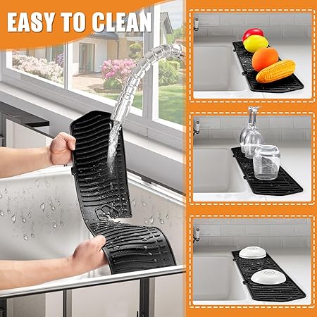 24in Faucet Mat Splash Catcher, Handle Drip Catcher Tray, Multipurpose for Kitchen Dish Drying Mats Sponge Holder and Bathroom Countertop Protect(Black)