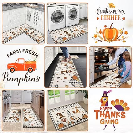 Farmhouse Kitchen Rugs and Mats 2 Piece Non Skid Fall Car Kitchen Floor Mats PVC Cushioned Comfort Standing Mats for Autumn Thanksgiving Decoraion, 17.3"×28"+ 17.3"×47"