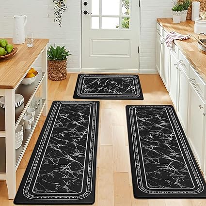 Anti-Fatigue Black and White Modern Non Slip Washable, Cushioned Kitchen Mats, 18 x 30 Inch