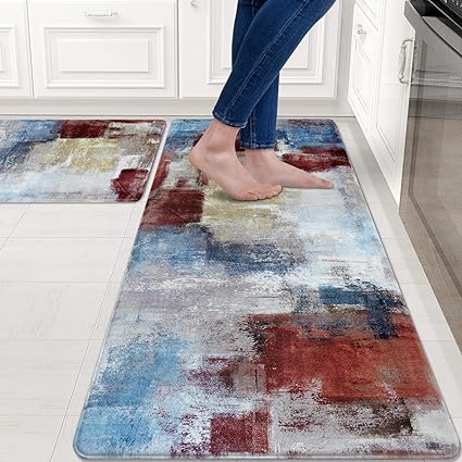 Modern Art Non Slip, Abstract Painting Cushioned Anti Fatigue, Waterproof Kitchen Mats, 18'' x 48'' + 18'' x 30''