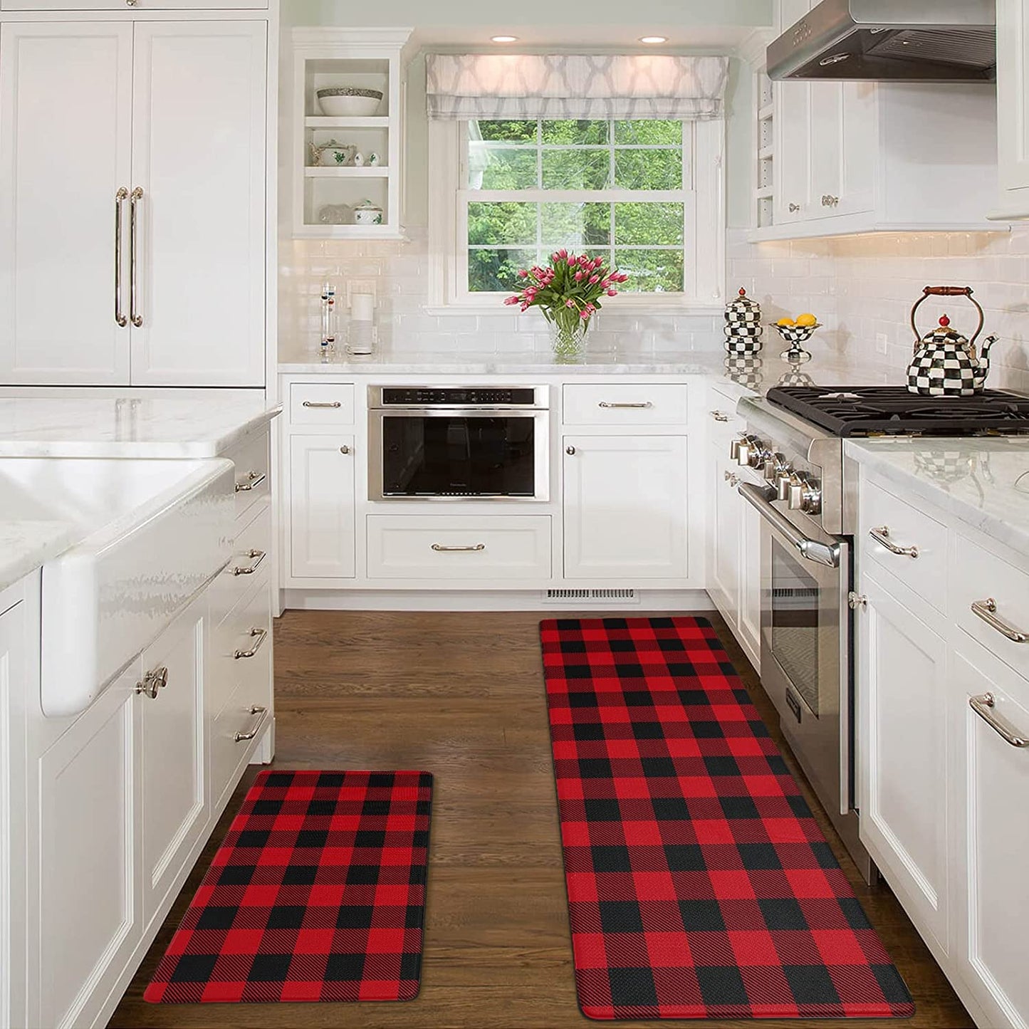 2 PCS Anti Fatigue Non Skid Waterproof Cushioned Black and White Kitchen Rugs