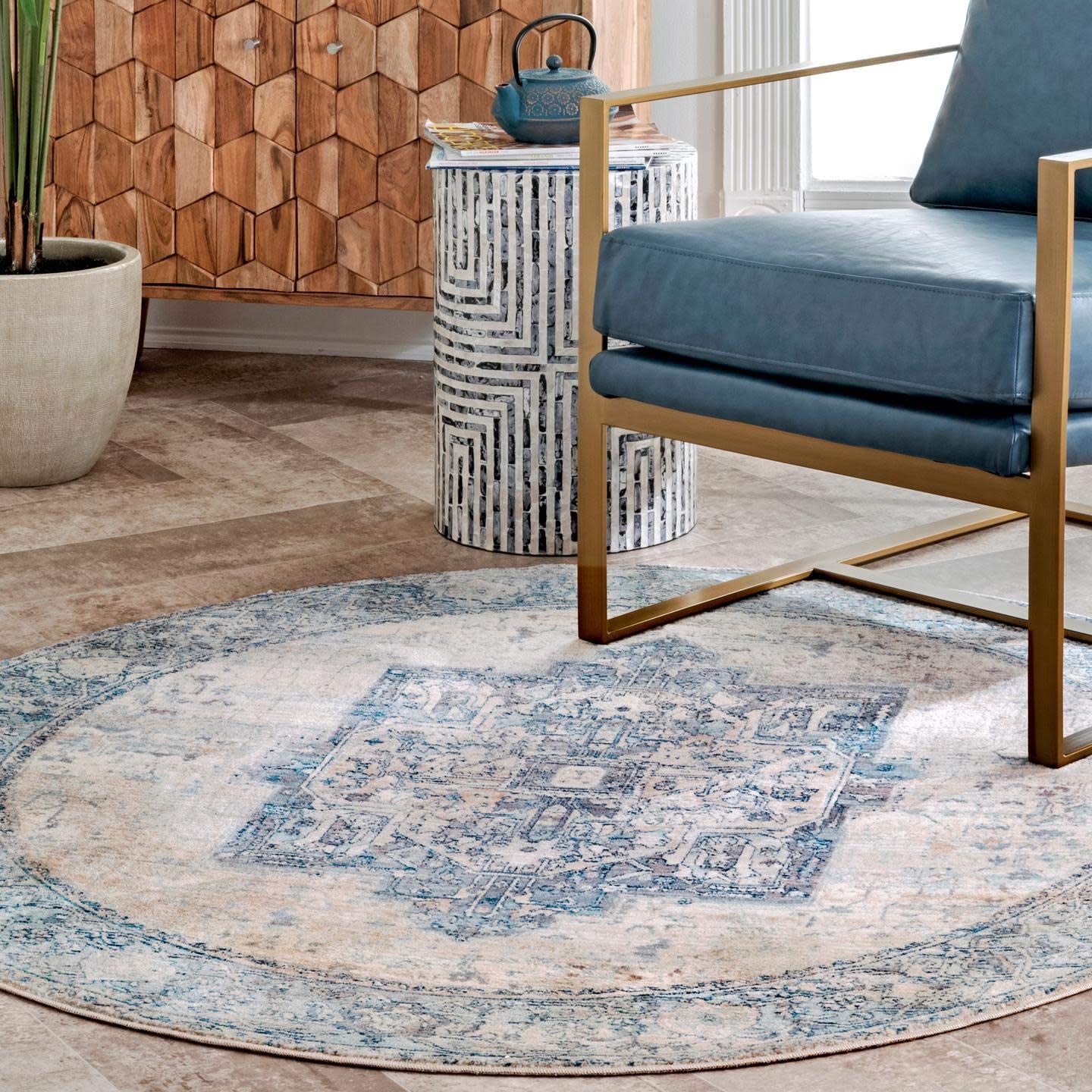 Medallion Fringe Soft Area Rug Light Blue