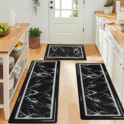 Anti-Fatigue Black and White Modern Non Slip Washable, Cushioned Kitchen Mats, 18 x 30 Inch