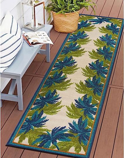 Tropical Floral Border Non-Shedding Outdoor Rugs - 2' x 7'
