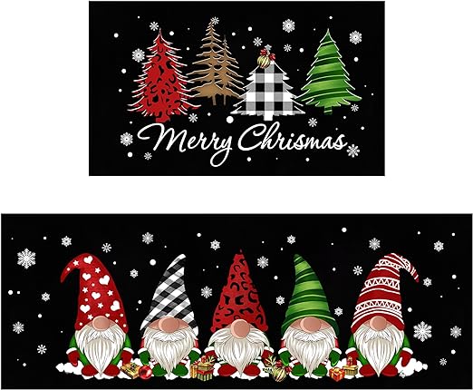 Set of 2 - Buffalo Plaid Tree Gnomes Black Kitchen mat, 17x29 and 17x47 Inch