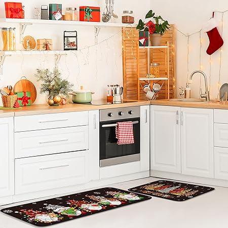 Non Slip Santa Claus Snow Gnome Low Profile Plaid Winter Decorative Christmas Rug 17x29 and 17x47 Inch