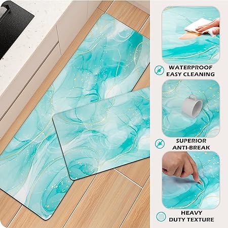 Sets 2 Gold Marble Abstract Cushioned Anti-Fatigue Non-Slip Memory Foam Comfort Standing Mat, 17.3''x 28''+17.3'' x 47''