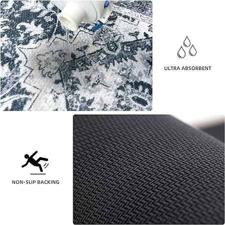 Set of 2 Non Slip Washable Absorbent Cushioned Floor Mats 17x32 + 17x48 inches, Black Gray