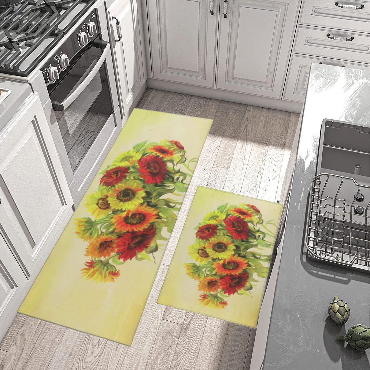 Vintage Mushroom Set of 2, Non Skid Washable Kitchen Mat - (17"x48"+17"x30")