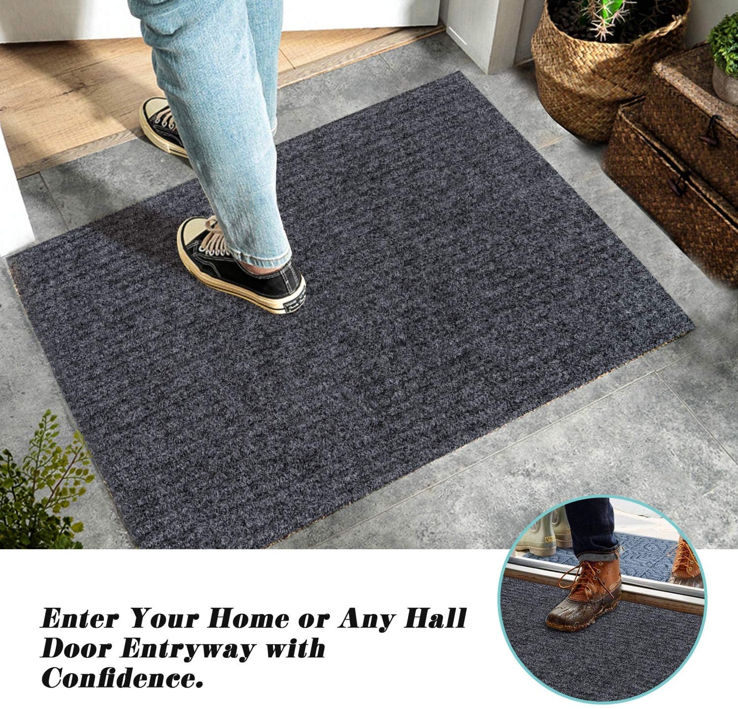 Front Door Mat Outdoor Indoor Doormat Welcome Mats Outside Entrance Shoe Grey,2 Pack