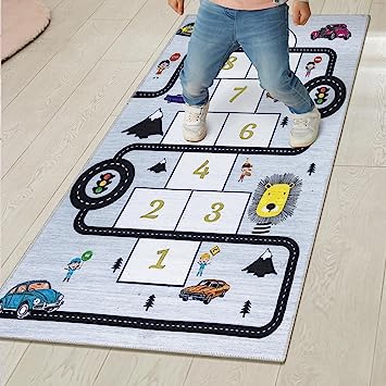 Machine Washable Wrinkle Free Abstract Hopscotch Design Cotton 3x6 Kid's Area Rug