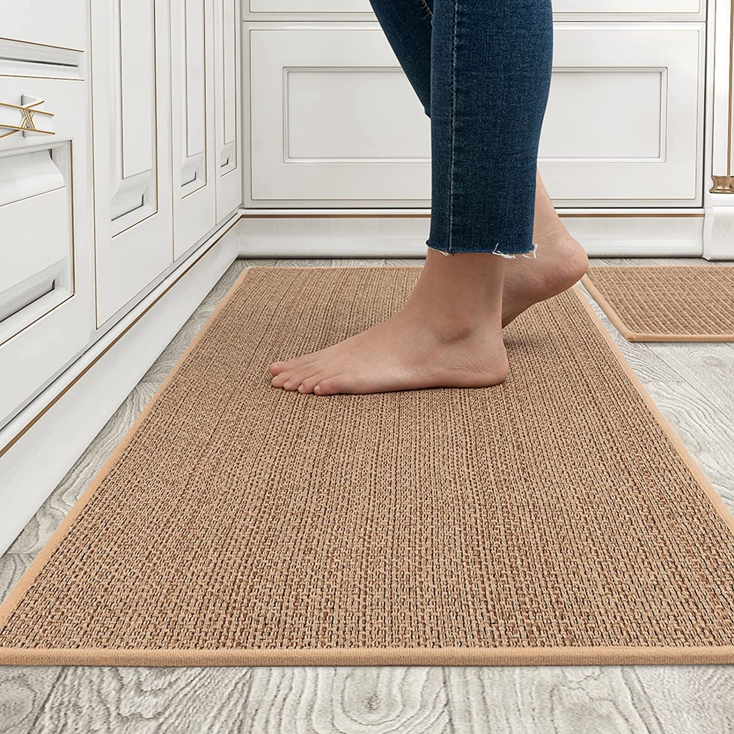 2 PCS Washable Neutral Kitchen Rugs - 17"x30"+17"x47"
