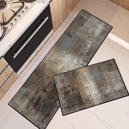 Wooden Board Vintage Kitchen Mats Autumn Maple Leaves Non Skid Washable Set of 2,