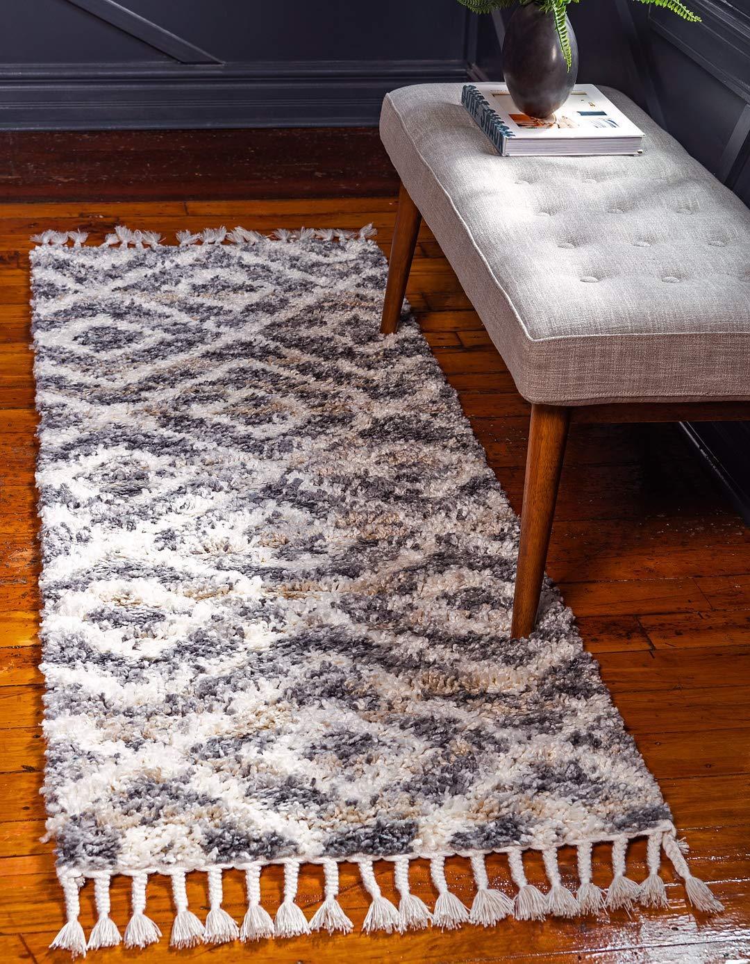 Lattice Tassel Gray Ivory Beige Plush Shag Area Rugs